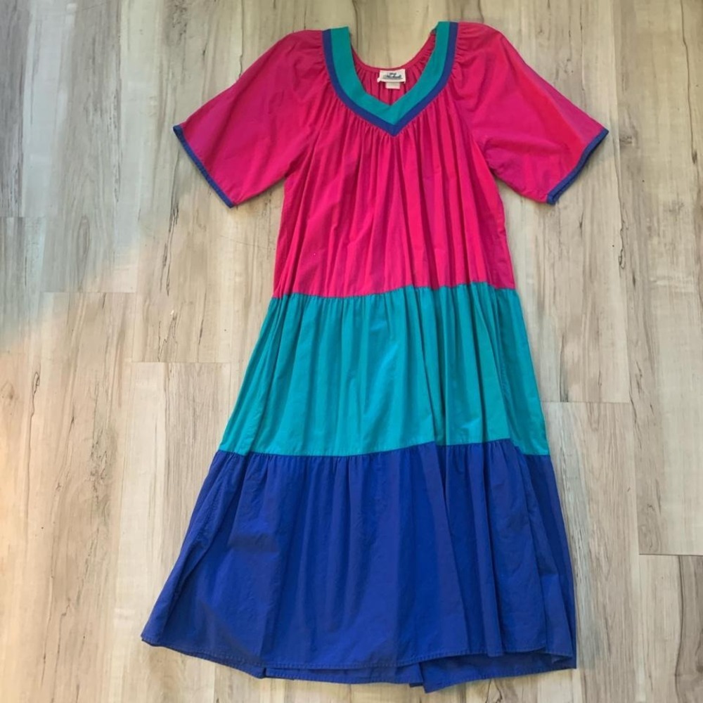 Pink, teal and blue vintage 1980s‎ poncho dress Medium